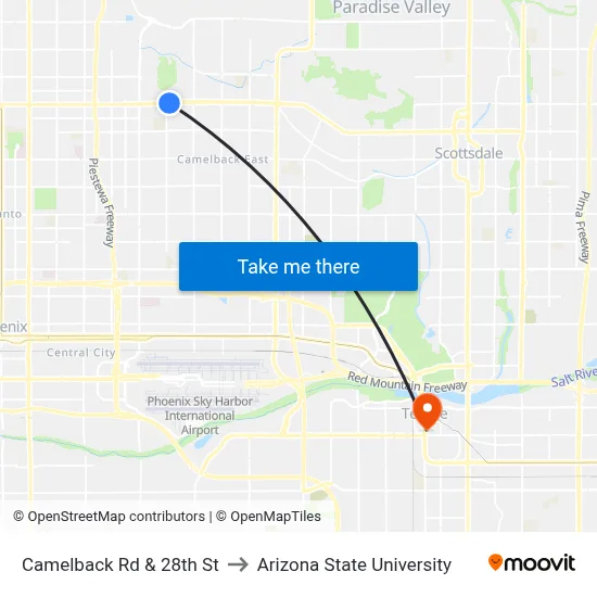 Camelback Rd & 28th St to Arizona State University map