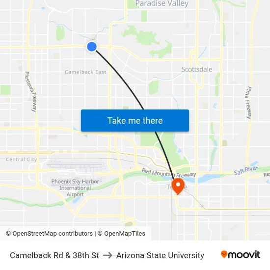 Camelback Rd & 38th St to Arizona State University map