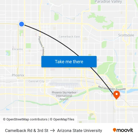 Camelback Rd & 3rd St to Arizona State University map