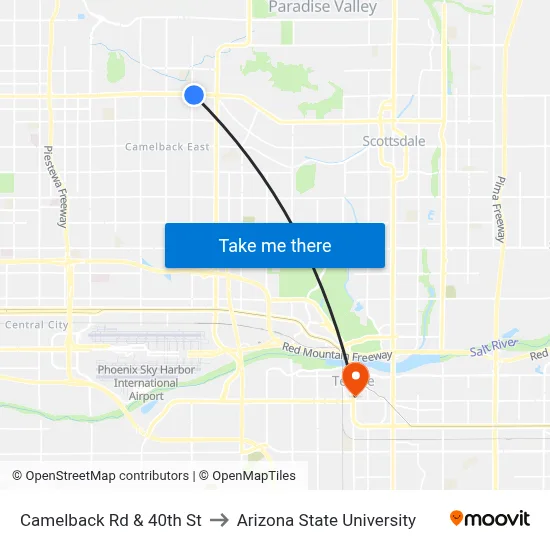 Camelback Rd & 40th St to Arizona State University map