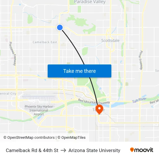 Camelback Rd & 44th St to Arizona State University map