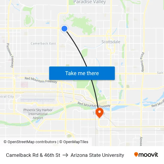 Camelback Rd & 46th St to Arizona State University map