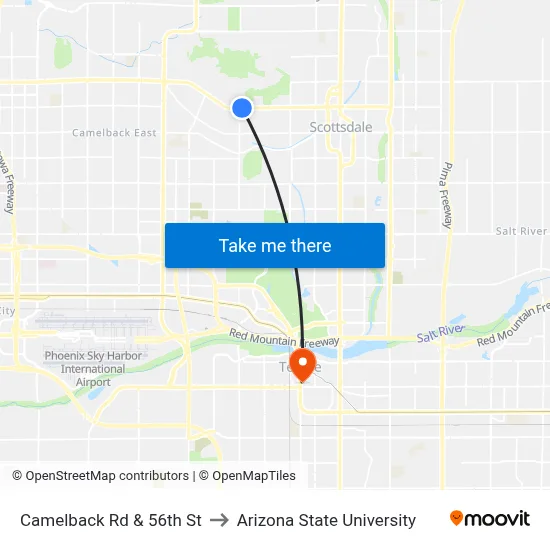 Camelback Rd & 56th St to Arizona State University map