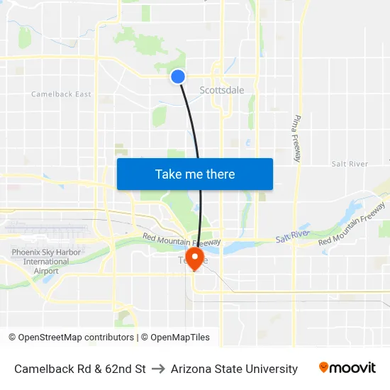 Camelback Rd & 62nd St to Arizona State University map
