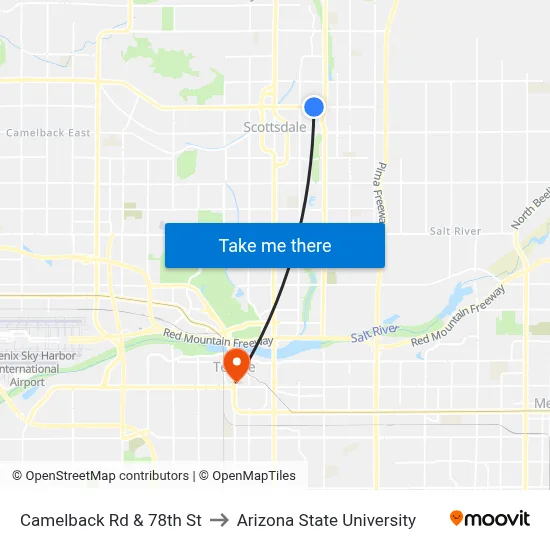 Camelback Rd & 78th St to Arizona State University map