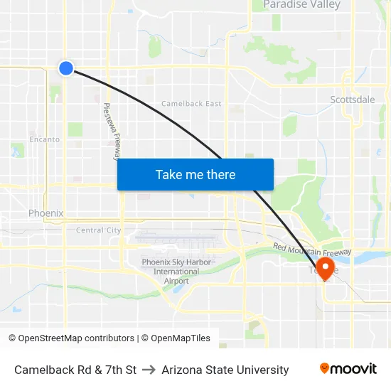 Camelback Rd & 7th St to Arizona State University map