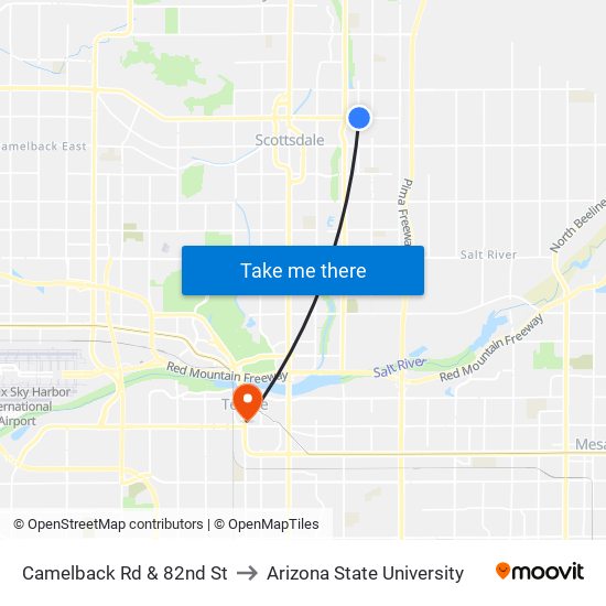 Camelback Rd & 82nd St to Arizona State University map