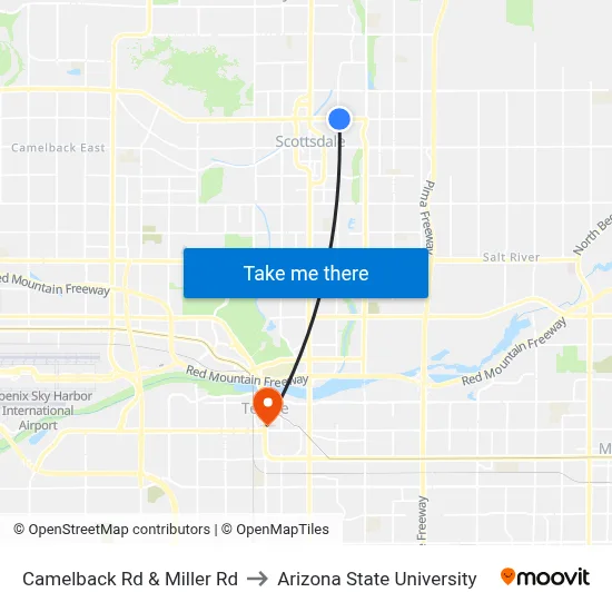 Camelback Rd & Miller Rd to Arizona State University map