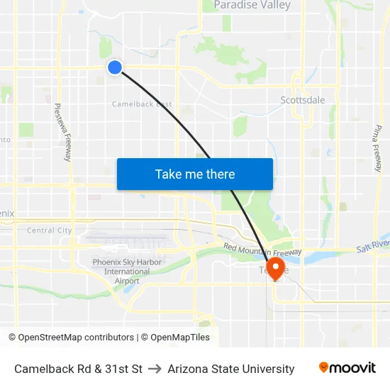 Camelback Rd & 31st St to Arizona State University map