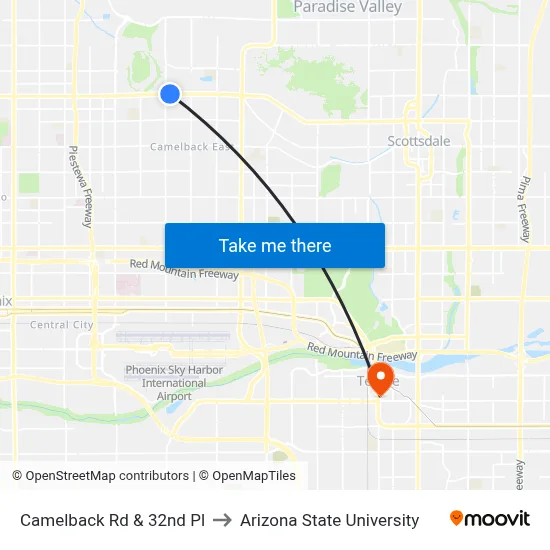 Camelback Rd & 32nd Pl to Arizona State University map