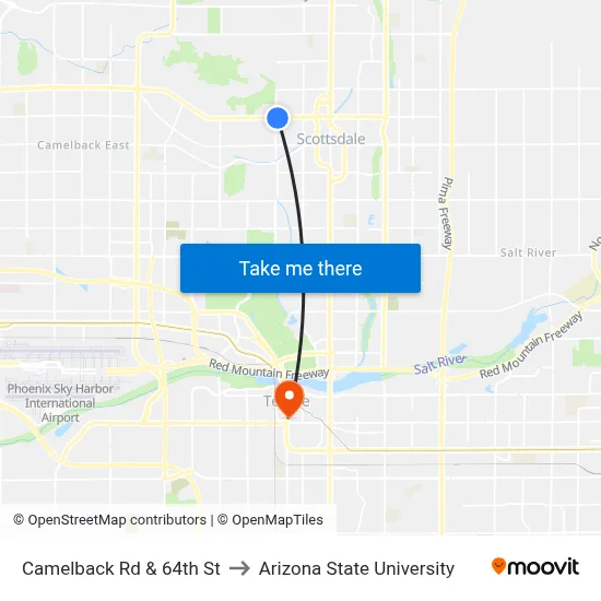 Camelback Rd & 64th St to Arizona State University map