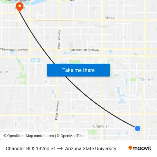 Chandler Bl & 132nd St to Arizona State University map