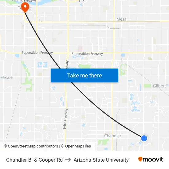 Chandler Bl & Cooper Rd to Arizona State University map