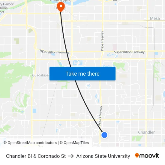 Chandler Bl & Coronado St to Arizona State University map