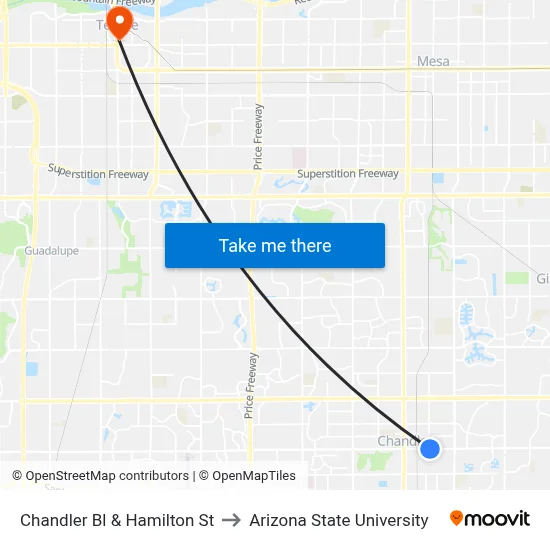 Chandler Bl & Hamilton St to Arizona State University map