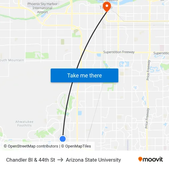 Chandler Bl & 44th St to Arizona State University map