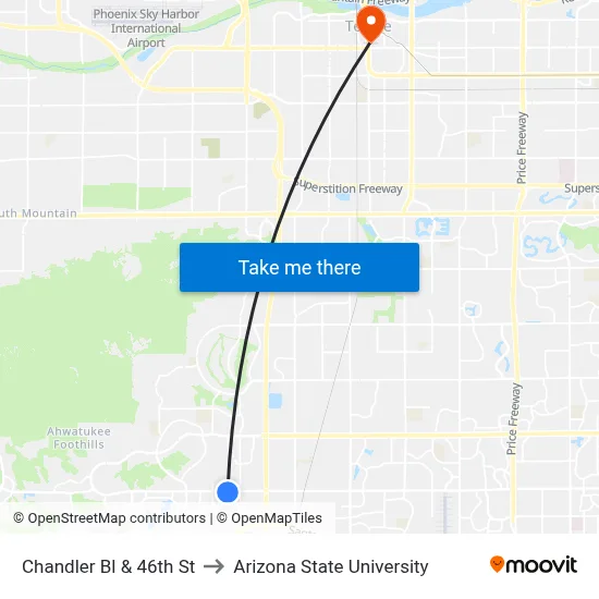 Chandler Bl & 46th St to Arizona State University map