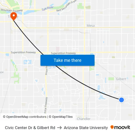 Civic Center Dr & Gilbert Rd to Arizona State University map