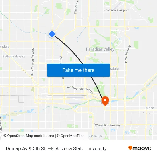 Dunlap Av & 5th St to Arizona State University map