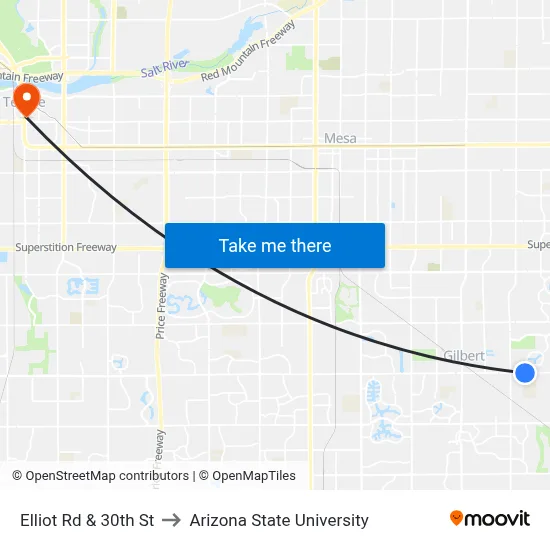 Elliot Rd & 30th St to Arizona State University map
