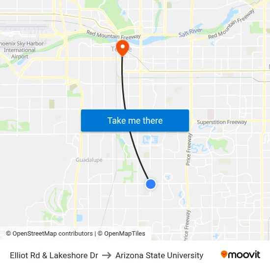 Elliot Rd & Lakeshore Dr to Arizona State University map