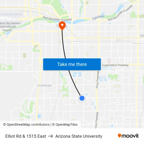 Elliot Rd & 1515 East to Arizona State University map