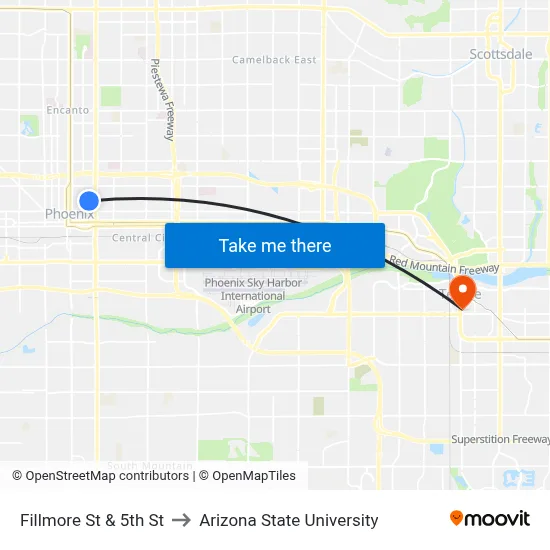 Fillmore St & 5th St to Arizona State University map
