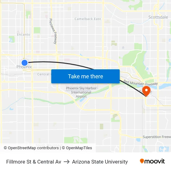 Fillmore St & Central Av to Arizona State University map