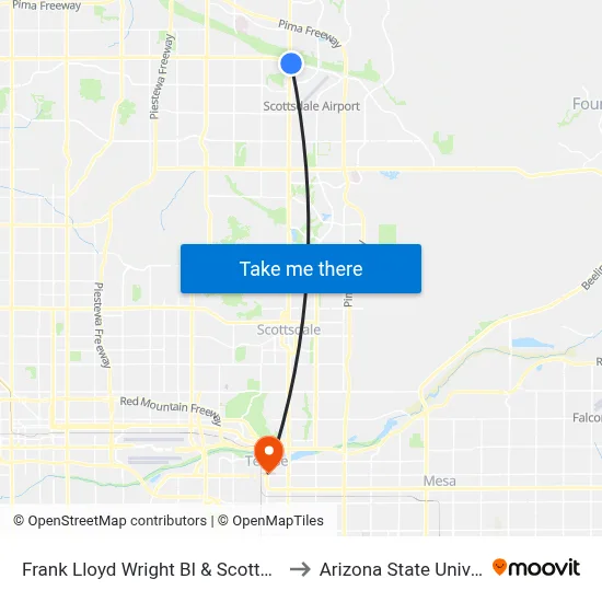 Frank Lloyd Wright Bl & Scottsdale Rd to Arizona State University map