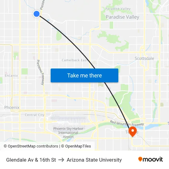 Glendale Av & 16th St to Arizona State University map