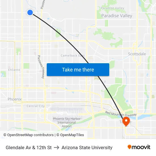 Glendale Av & 12th St to Arizona State University map