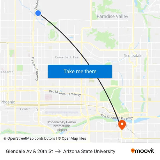 Glendale Av & 20th St to Arizona State University map