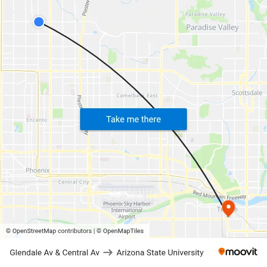 Glendale Av & Central Av to Arizona State University map