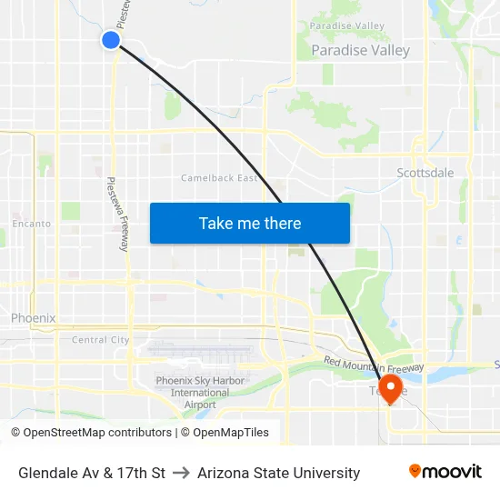 Glendale Av & 17th St to Arizona State University map