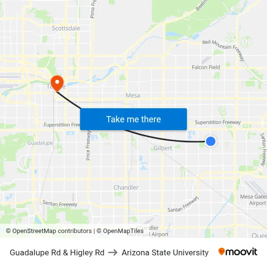 Guadalupe Rd & Higley Rd to Arizona State University map