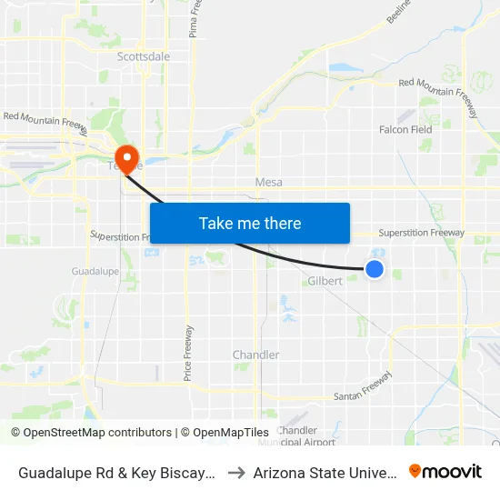 Guadalupe Rd & Key Biscayne Dr to Arizona State University map