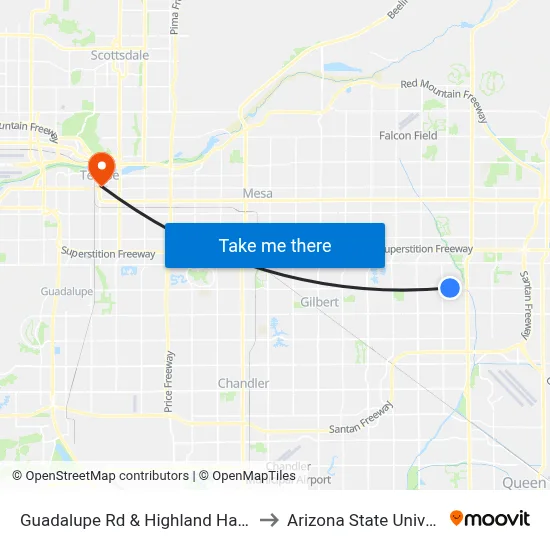 Guadalupe Rd & Highland Hawks Dr to Arizona State University map