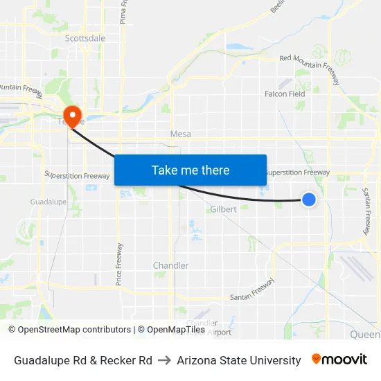 Guadalupe Rd & Recker Rd to Arizona State University map