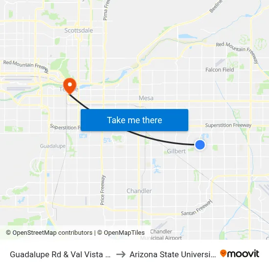 Guadalupe Rd & Val Vista Dr to Arizona State University map
