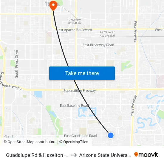 Guadalupe Rd & Hazelton Ln to Arizona State University map