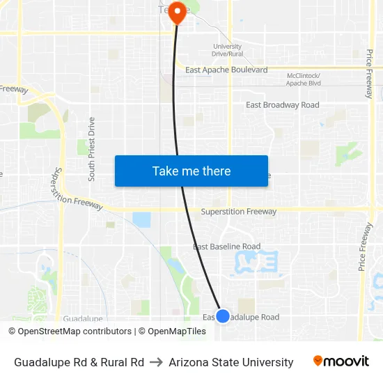 Guadalupe Rd & Rural Rd to Arizona State University map