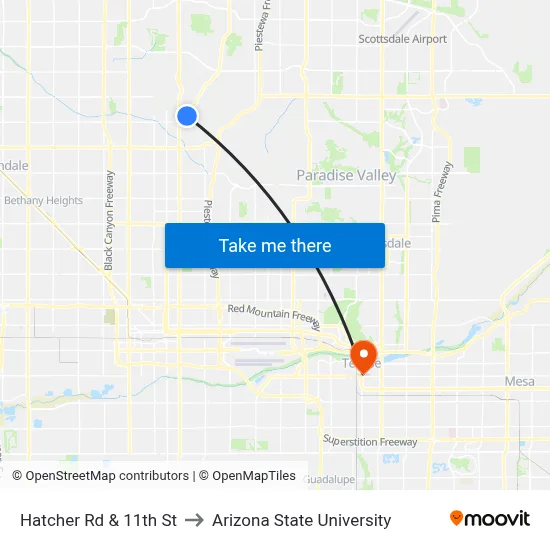 Hatcher Rd & 11th St to Arizona State University map