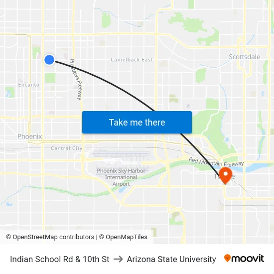 Indian School Rd & 10th St to Arizona State University map