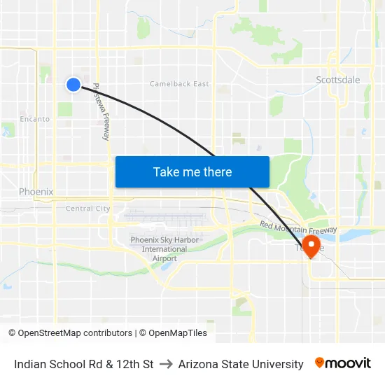 Indian School Rd & 12th St to Arizona State University map
