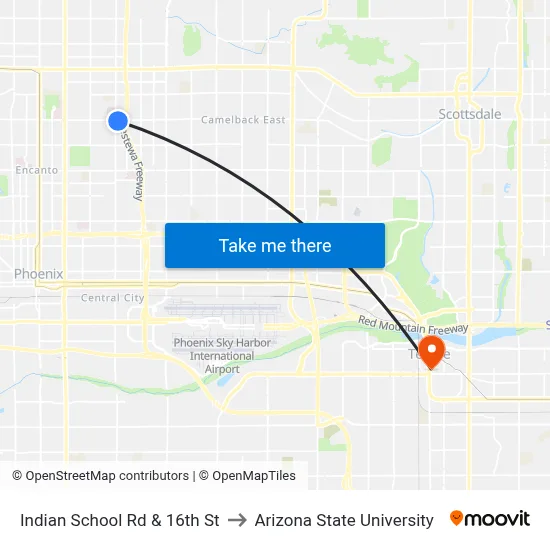 Indian School Rd & 16th St to Arizona State University map