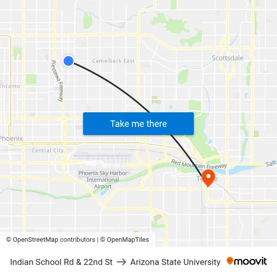 Indian School Rd & 22nd St to Arizona State University map