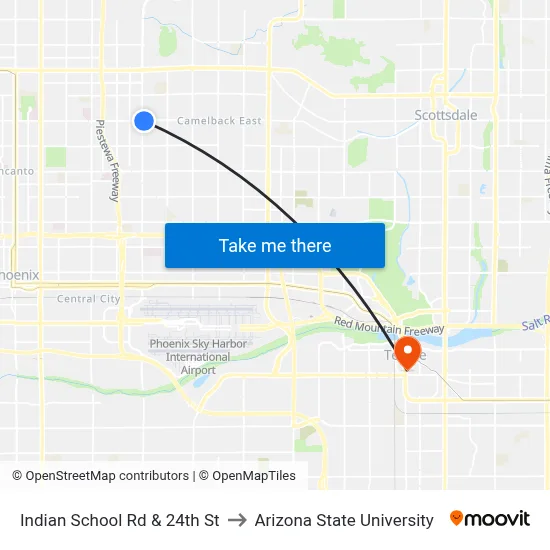 Indian School Rd & 24th St to Arizona State University map