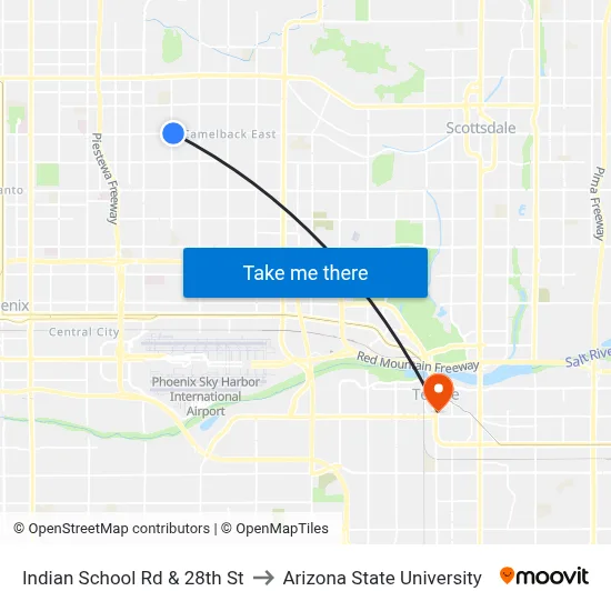 Indian School Rd & 28th St to Arizona State University map