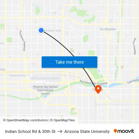 Indian School Rd & 30th St to Arizona State University map