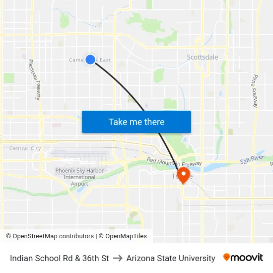 Indian School Rd & 36th St to Arizona State University map